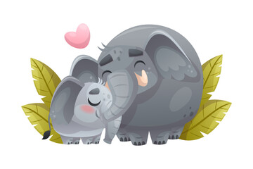 Elephant Family with Dad and Sweet Baby Cuddling Together Vector Illustration