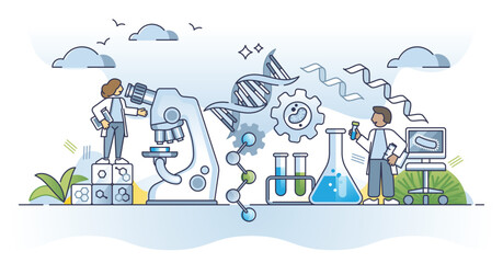 Bioengineer profession job and biochemical research work outline concept. Biotechnology and genetic research with DNA laboratory vector illustration. Healthcare medicine technological experiments.
