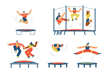 Set of happy people jumping on trampoline flat style