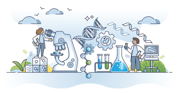 Bioengineer profession job and biochemical research work outline concept. Biotechnology and genetic research with DNA laboratory vector illustration. Healthcare medicine technological experiments.