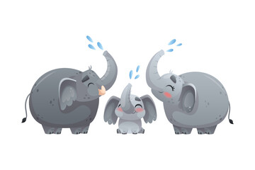 Elephant Family with Parent and Sweet Baby Sprinkling Water Vector Illustration