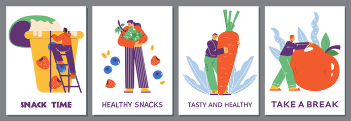 Fototapeta premium Healthy snacks posters set, flat vector illustration.