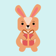 Rabbit in flat style with a gift. New Year vector card. New Year 2023. Bunny in nude shades.