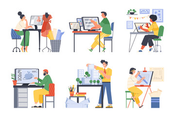 Set of working designer characters in various fields flat style
