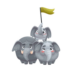 Elephant Family with Parent and Sweet Baby on Their Back with Flag Vector Illustration