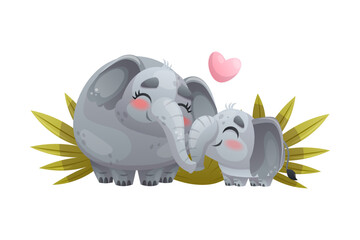 Elephant Family with Mom and Sweet Baby Cuddling Together Vector Illustration