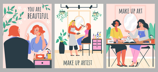 Makeup artist professional beautician services banners flat vector illustration.