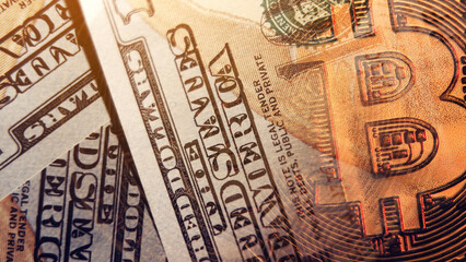 Bitcoin with dollar cash, virtual crypto currency bitcoin, btc. Concept of bitcoin payment, digital money, finance, online business, stock, savings, investments. Exchange bitcoin cash for a dollars.