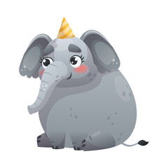 Grey Elephant with Trunk Sitting in Birthday Hat Vector Illustration