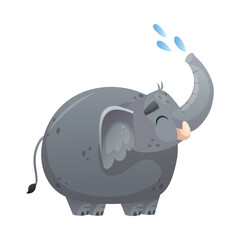 Grey Elephant with Trunk and Tusks Sprinkling Water Vector Illustration