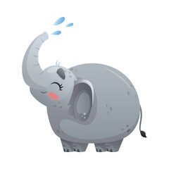 Grey Elephant with Trunk Sprinkling Water Vector Illustration