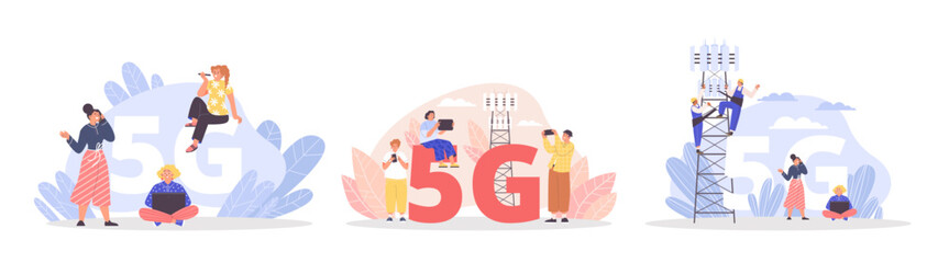Set of scenes with people using 5G technologies for work and leisure flat style