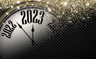 Fototapeta na wymiar Half-hidden clock showing 2023 with sparkling stars.