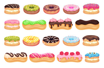 Donuts and Eclair as Choux Dough Pastry with Cream Filling and Sugar Glaze Big Vector Set - obrazy, fototapety, plakaty