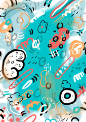 Obraz na płótnie Canvas Abstract colorful illustration. Contemporary art. Doodle art. Digital graffiti. Cartoon. Soft, organic, carnal, food and viral forms. Chromosomes, viruses and bacteria. Street art aesthetic. Spray.