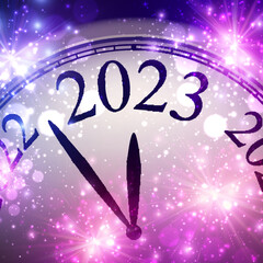 Half-hidden clock showing 2023 with purple sparkling stars.