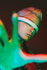 Representation of a bionic super human with advanced technology parts as vr visors and gadgets...