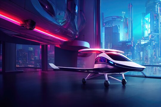 Urban Air Mobility, Air Taxi, UAM, Passenger Autonomous Aerial Vehicle AAV In Futuristic City
