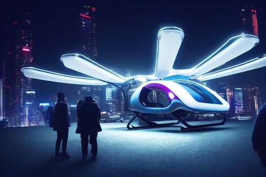 Urban Air Mobility, Air Taxi, UAM, Passenger Autonomous Aerial Vehicle AAV In Futuristic City
