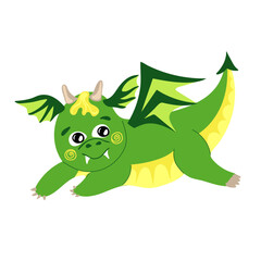 Dragon kid. Funny baby dragon, cute magic lizard with wings and horns. Fairytale monsters. Vector illustration
