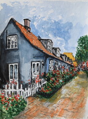 European street with old blue houses and flowers. Watercolor drawing of traditional buildings