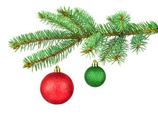 Christmas tree and two red and green shiny toys. Isolated spruce branch and holiday decor for...