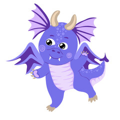 Dragon kid. Funny baby dragon, cute magic lizard with wings and horns. Fairytale monsters. Vector illustration