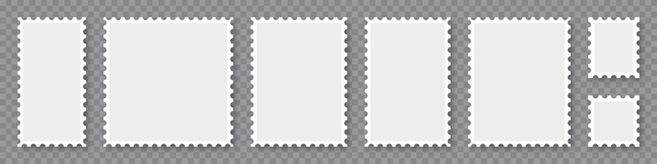 Blank postage stamps frames set. Mockup postage stamps with shadow. Postage stamp borders template collection. Realistic post stamps set. Vector illustration