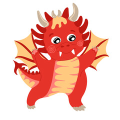 Dragon kid. Funny baby dragon, cute magic lizard with wings and horns. Fairytale monsters. Vector illustration