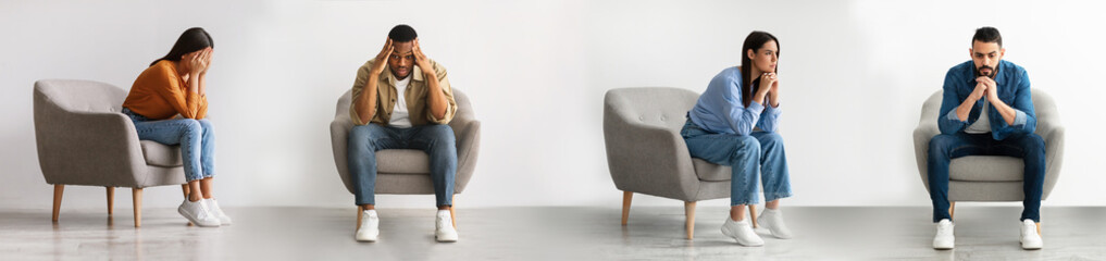 Depression Concept. Set Of Sad Pensive People Sitting In Armchair At Home