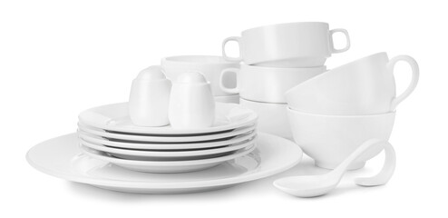Set of clean dishware isolated on white