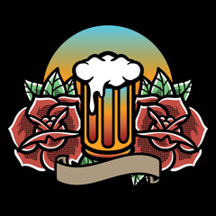 Traditional Tattoo With Beer and Roses Vector Illustration