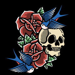 Traditional Tattoo With Skull And Roses Vector Illustration