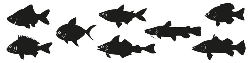 Different fish black silhouettes isolated on white. Vector fish logo.