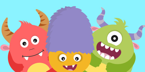 Cute monster background, banner or poster design. Cartoon character card template. Vector illustration.