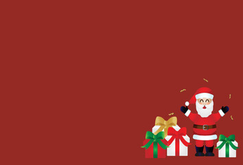 Santa Claus over red background with giftboxes. Christmas Cartoon Vector Illustration.