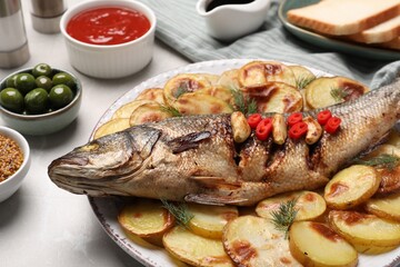 Plate with delicious roasted sea bass fish and potatoes on table, closeup