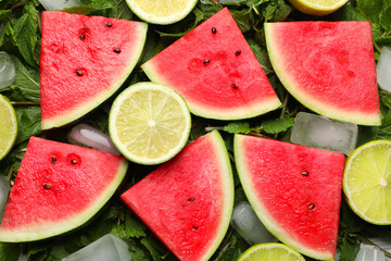 Tasty sliced watermelon, limes, mint and ice as background, top view