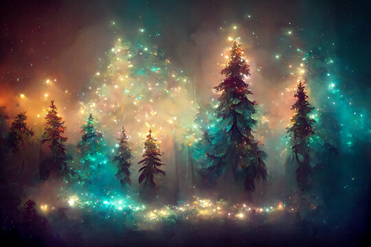 Abstract illustration of glowing Christmas trees at night