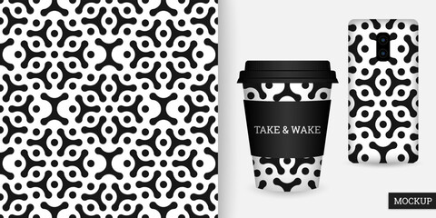 Geometric seamless pattern. Black and white abstract background with geometric shapes. Repeating texture. Ornament with circles. Vector illustration. Design for textile, paper, wallpaper. Mockup.