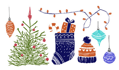 Merry Christmas and new year decoration linocut set. Xmas Elements in lino cut style. Gravure collection x-mas tree, toys and lights.