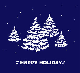 Fototapeta premium Blue merry Christmas postcard with pine tree. Winter forest for a postcard. fur tree brush with snow. Xmas tree in December