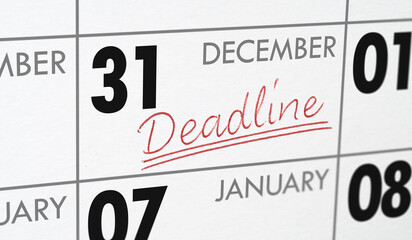  Deadline written on a calendar - December 31