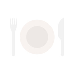 Empty plate with knife and fork on a white background.