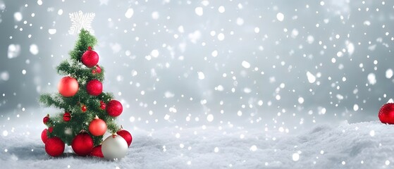 Fototapeta na wymiar Beautiful Festive Christmas snowy background. Christmas tree decorated with red balls and knitted toys in forest in snowdrifts in snowfall outdoors, banner format, copy