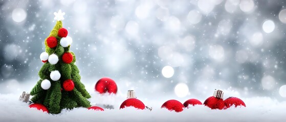 Naklejka na ściany i meble Beautiful Festive Christmas snowy background. Christmas tree decorated with red balls and knitted toys in forest in snowdrifts in snowfall outdoors, banner format, copy