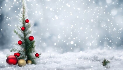 Naklejka na ściany i meble Beautiful Festive Christmas snowy background. Christmas tree decorated with red balls and knitted toys in forest in snowdrifts in snowfall outdoors, banner format, copy