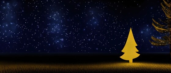 Golden Christmas tree isolated on stars sky background, copy space
