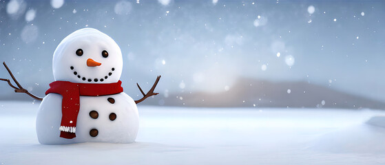Fototapeta premium Panoramic view of happy snowman in winter secenery with copy space