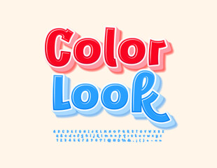 Vector funny sign Color Look. Handwritten 3D Font. Playful Blue Alphabet Letters and Numbers set